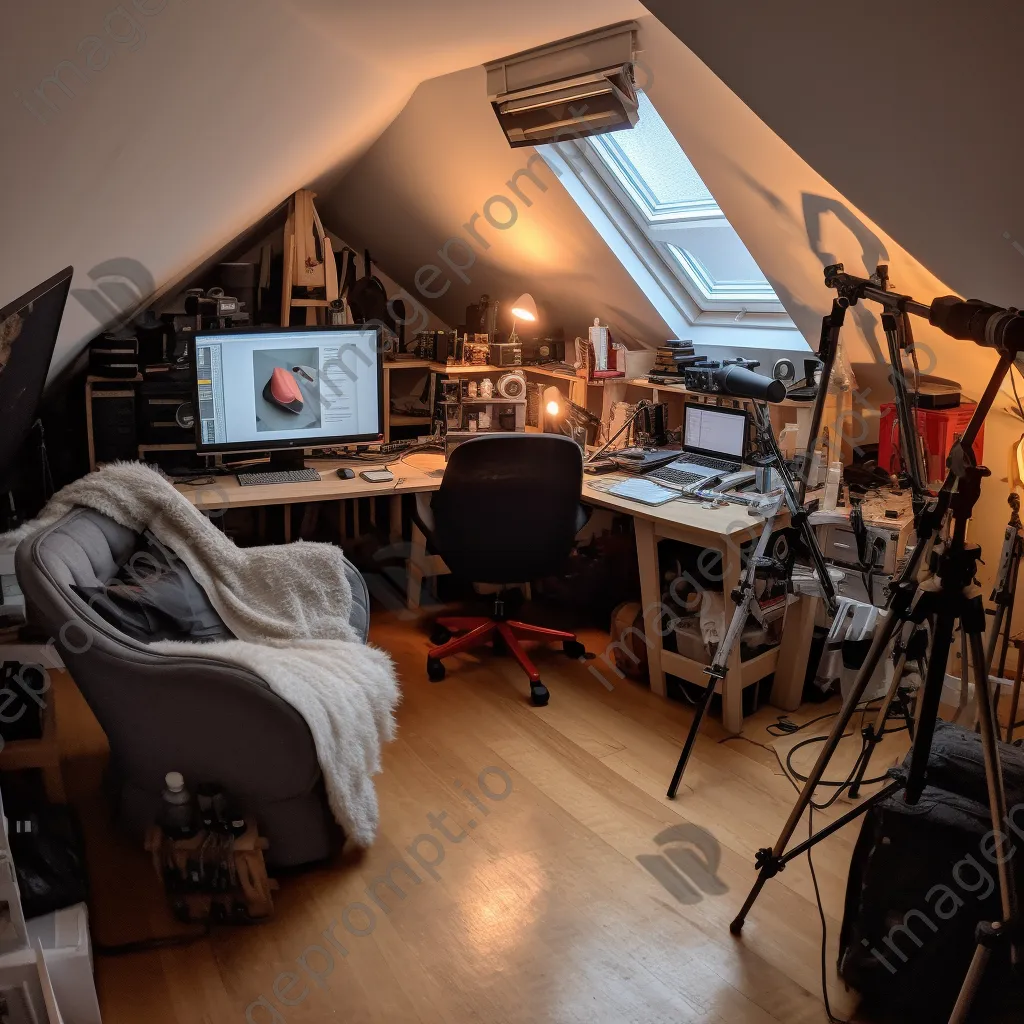 Home office in an attic with eclectic decor and cozy lighting - Image 2