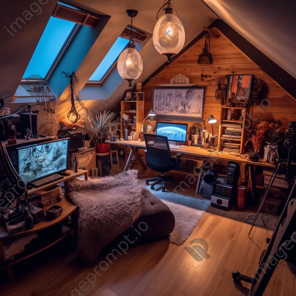 Home office in an attic with eclectic decor and cozy lighting - Image 3