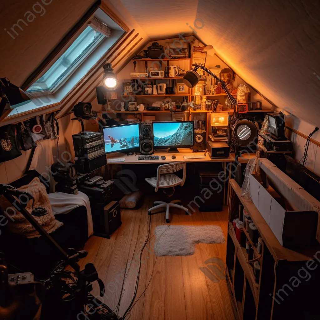 Home office in an attic with eclectic decor and cozy lighting - Image 4