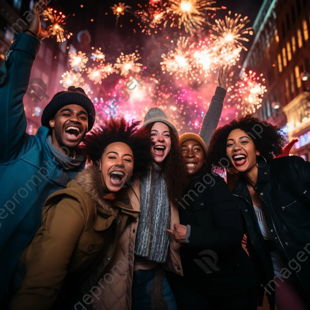 Friends cheering under colorful fireworks on New Year