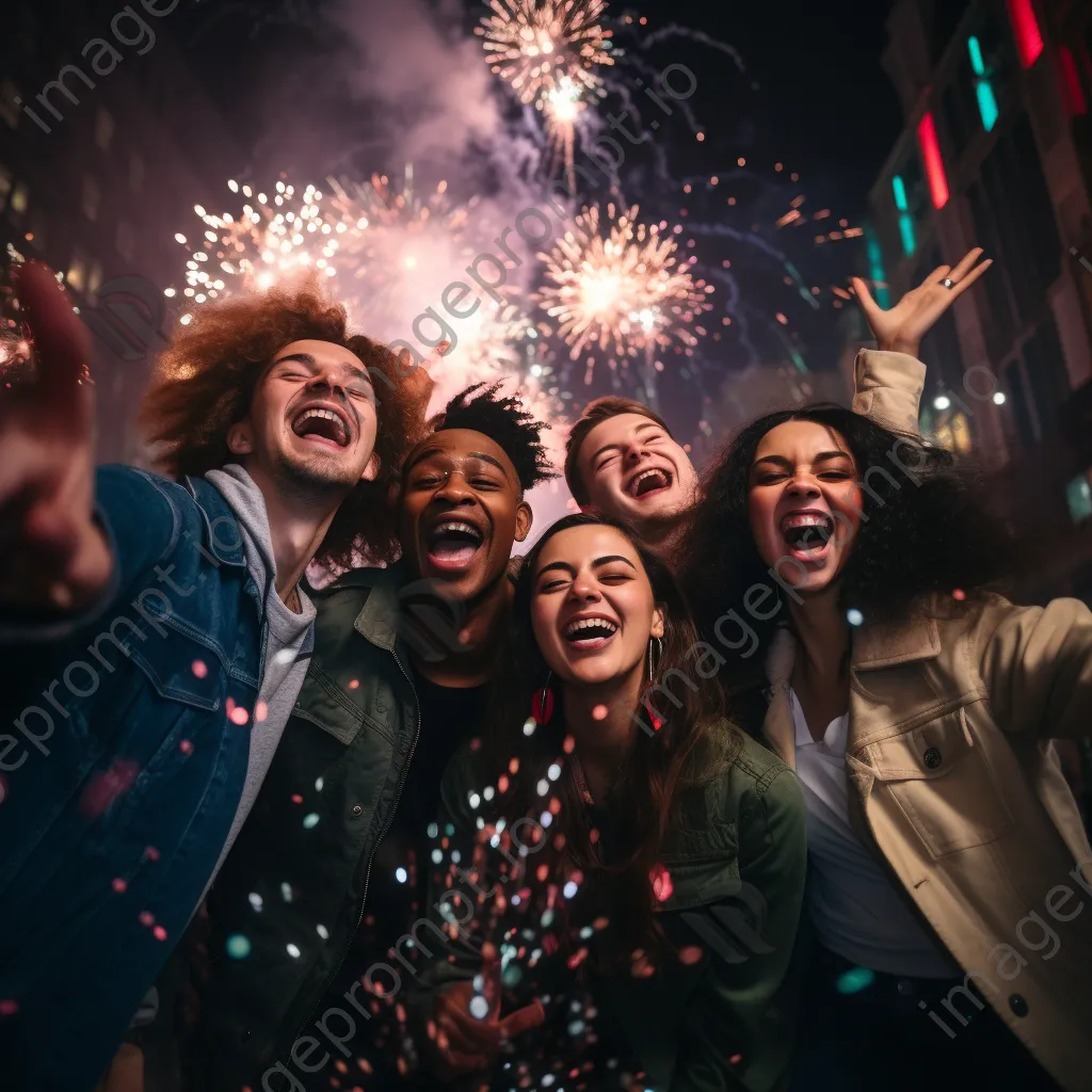 Friends cheering under colorful fireworks on New Year