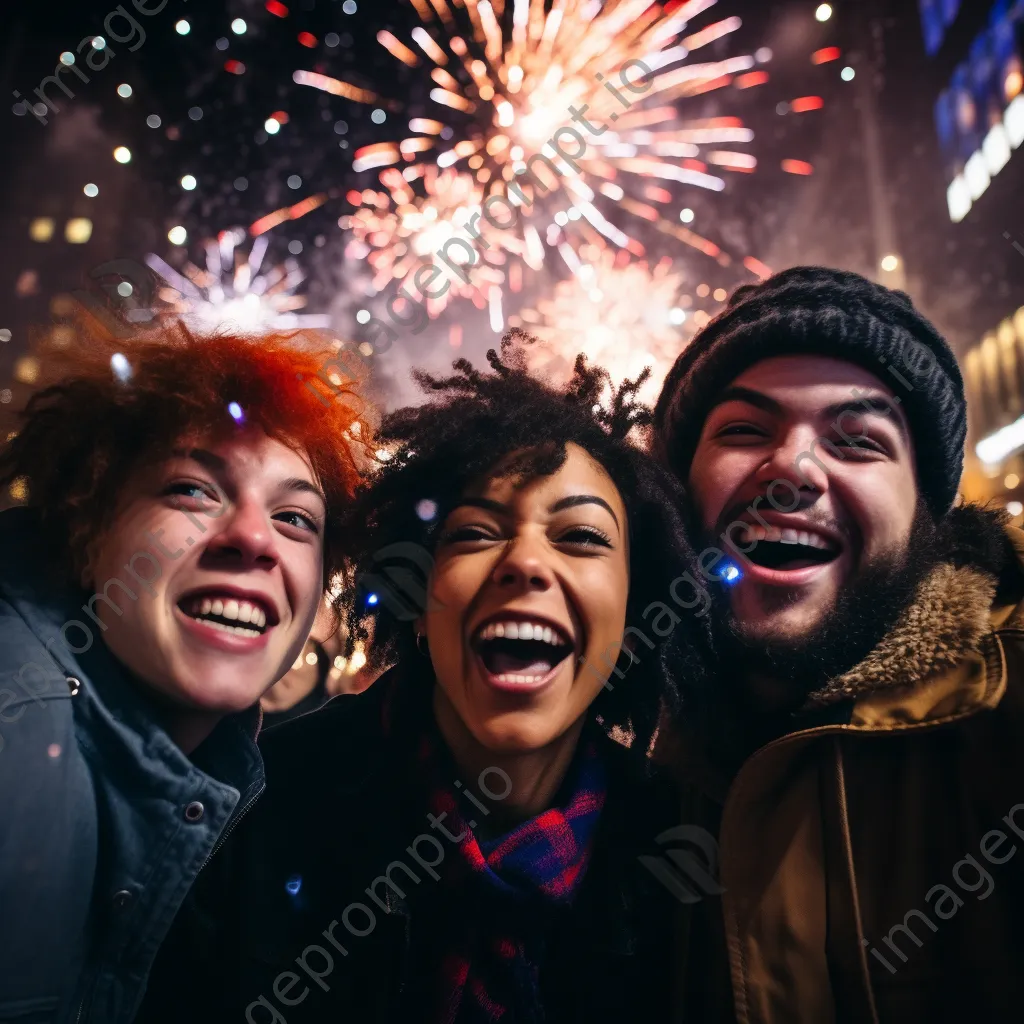 Friends cheering under colorful fireworks on New Year