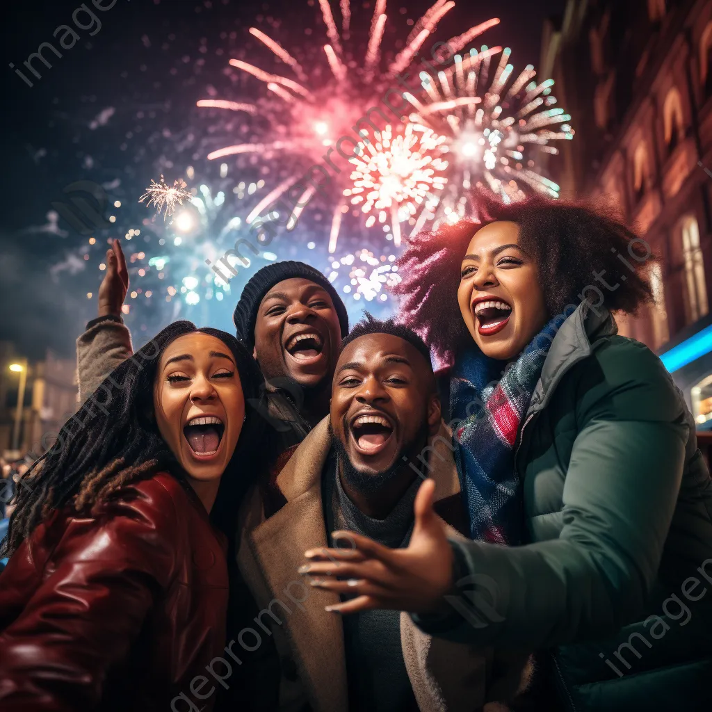 Friends cheering under colorful fireworks on New Year