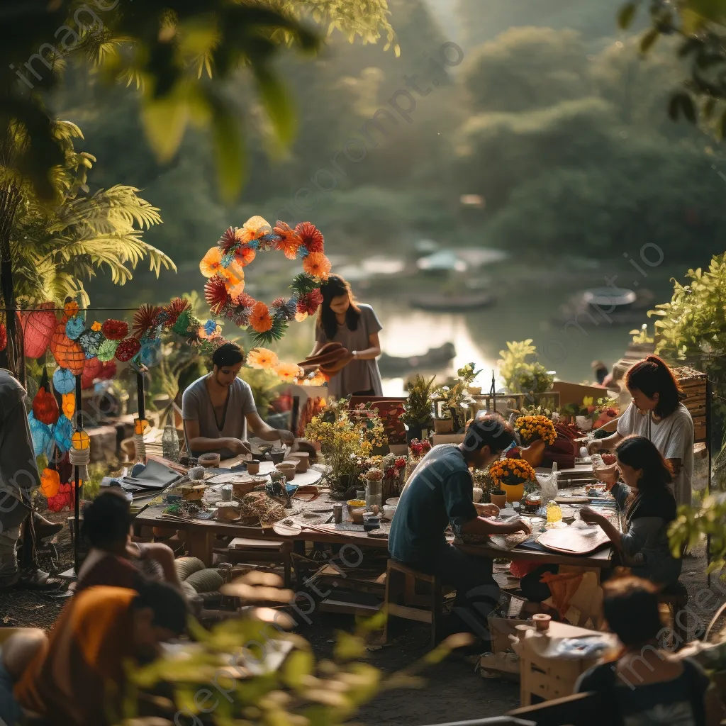 Artisans working together to create paper in an outdoor setting. - Image 1