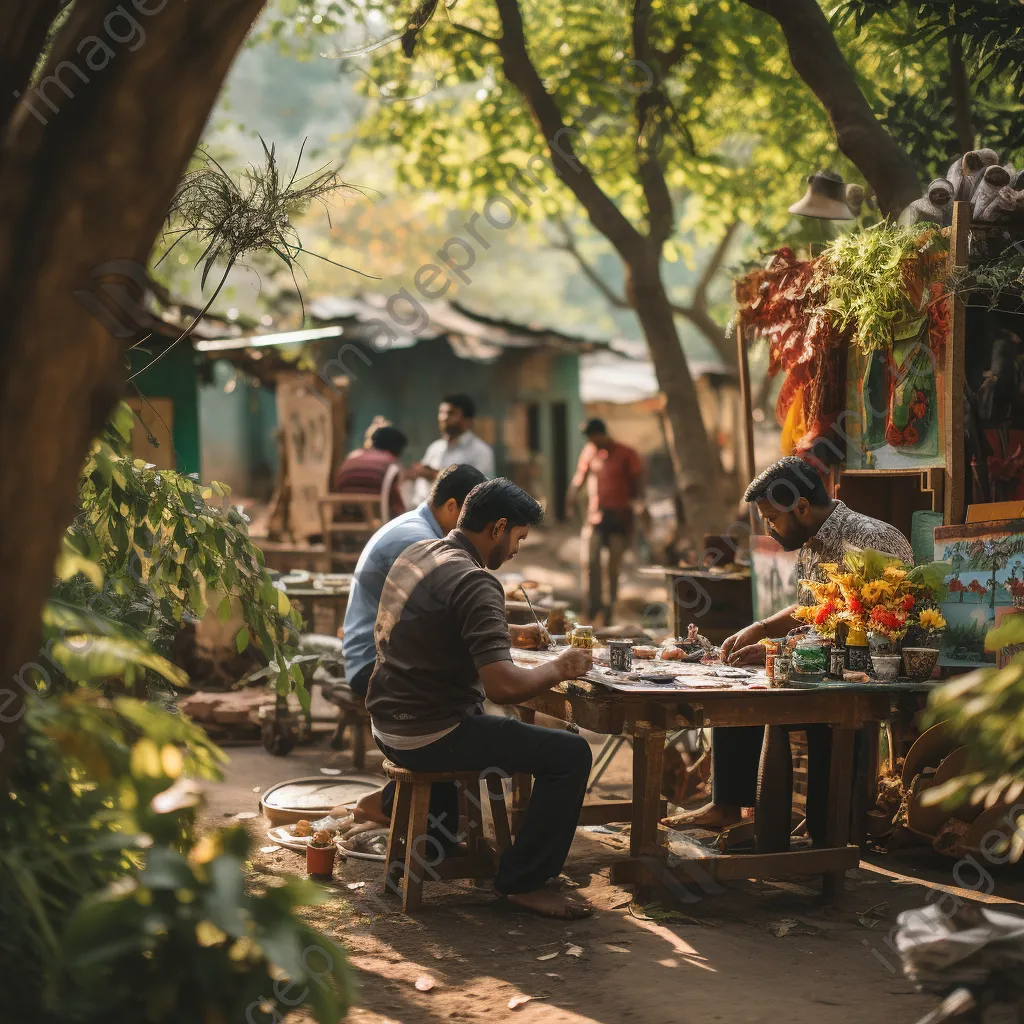 Artisans working together to create paper in an outdoor setting. - Image 2