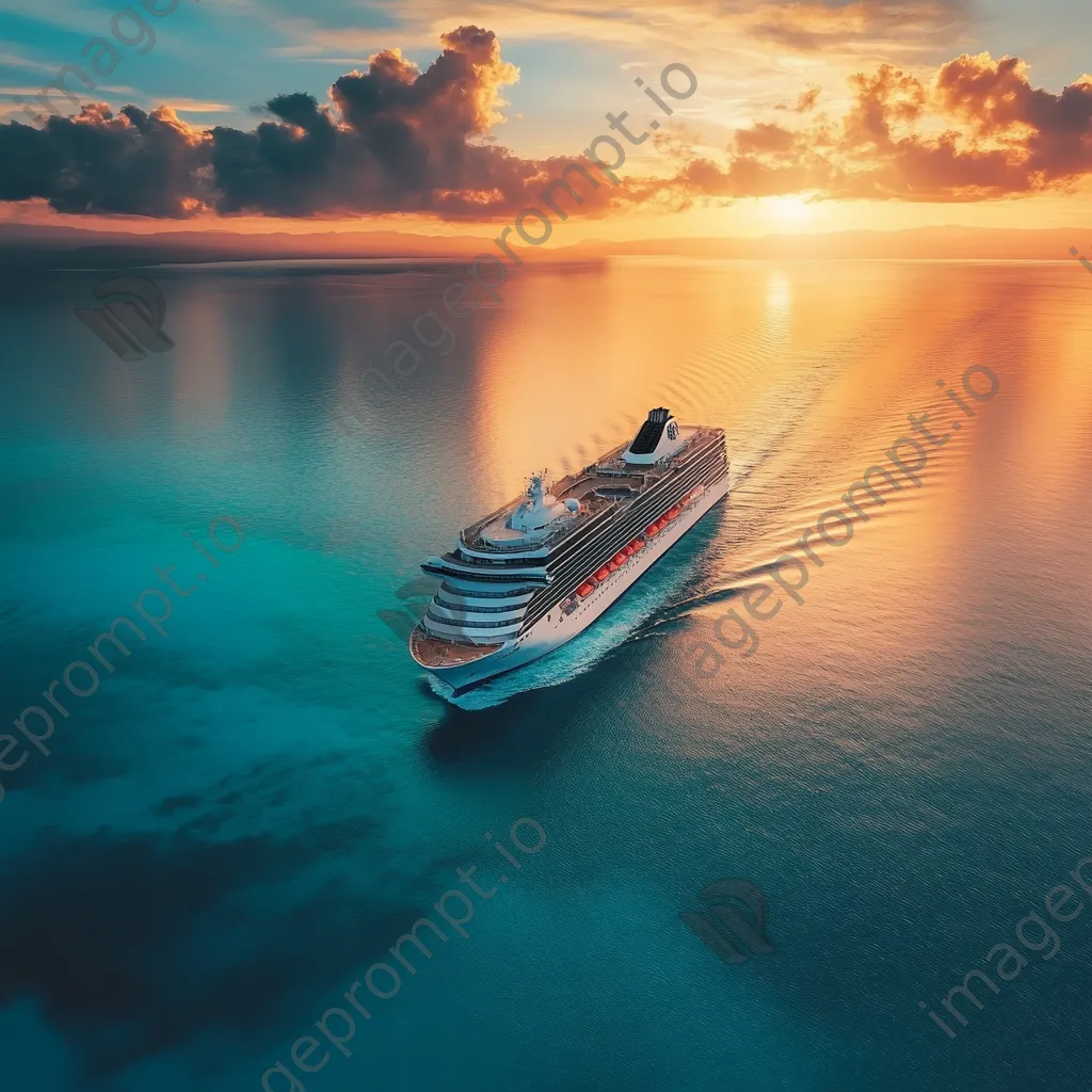 Cruise ship sailing at sunset with golden clouds. - Image 1