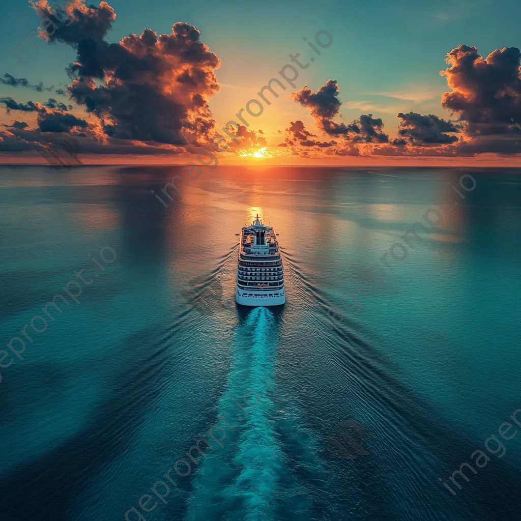 Cruise ship sailing at sunset with golden clouds. - Image 2