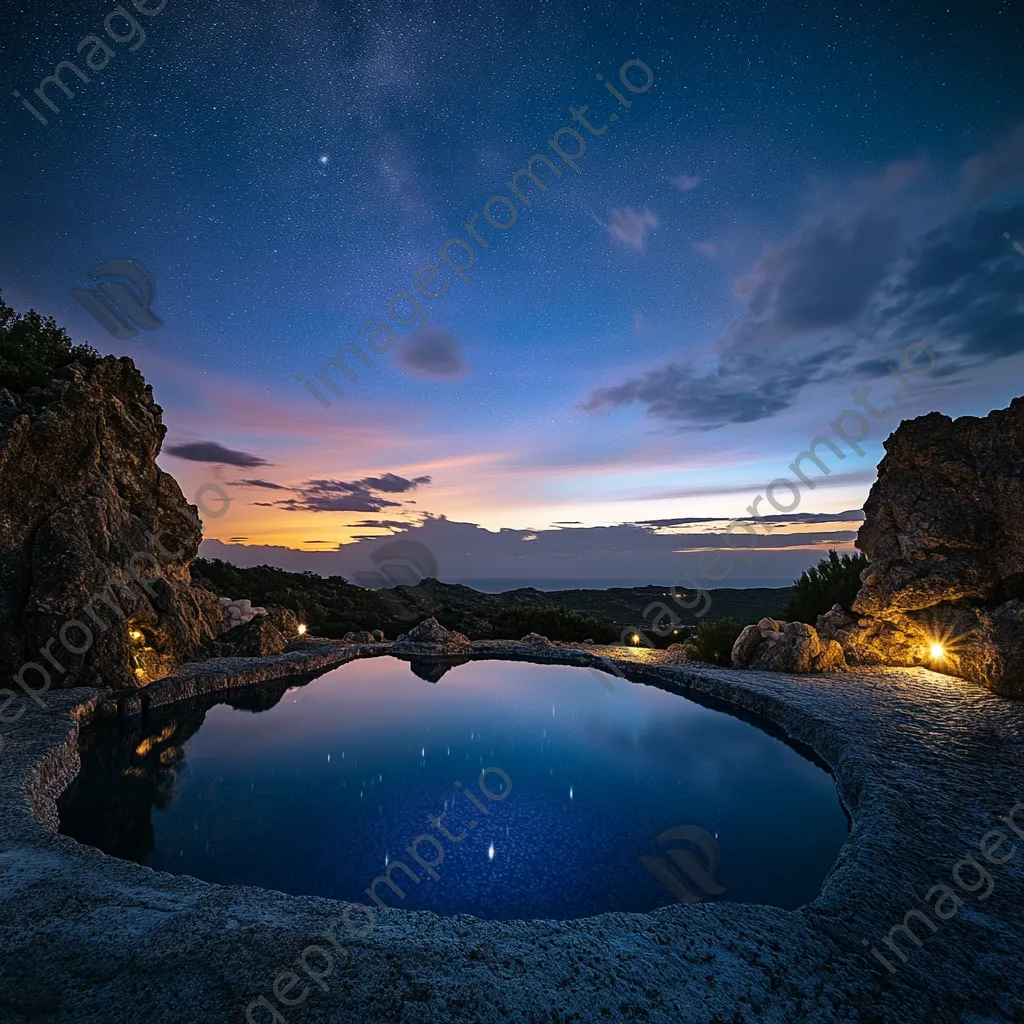 Mineral pool illuminated during twilight with stars above. - Image 2
