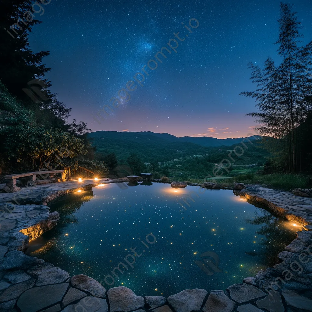 Mineral pool illuminated during twilight with stars above. - Image 3