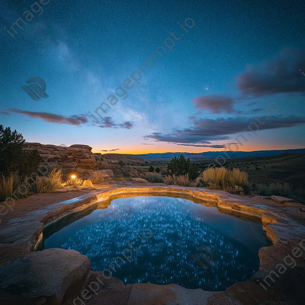 Mineral pool illuminated during twilight with stars above. - Image 4