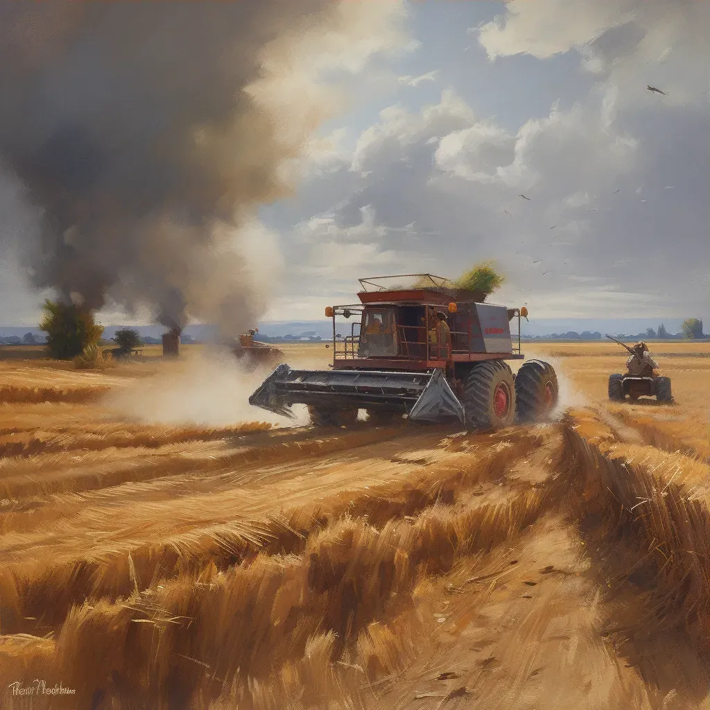 Harvester working in ripe grain fields under late summer sun - Image 3