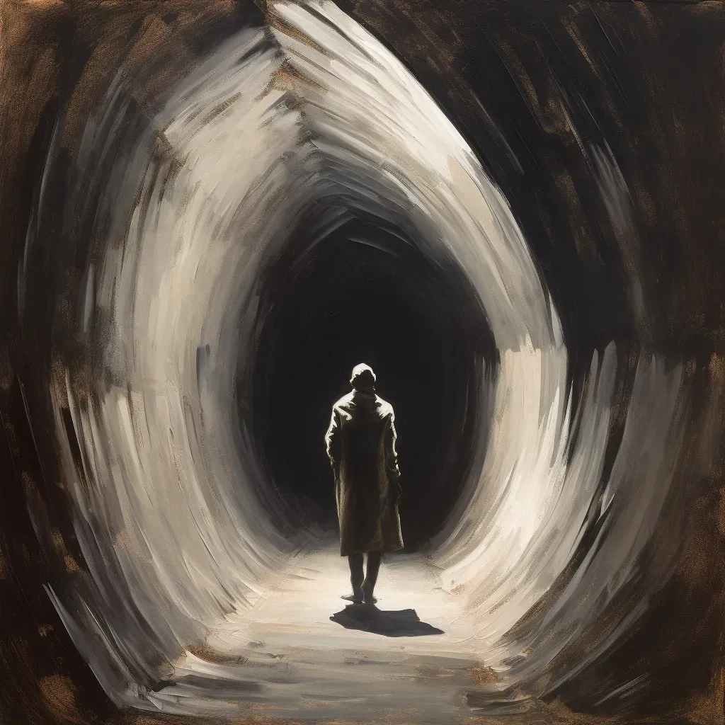 Figure at entrance of brightly lit tunnel with darkness behind - Image 2