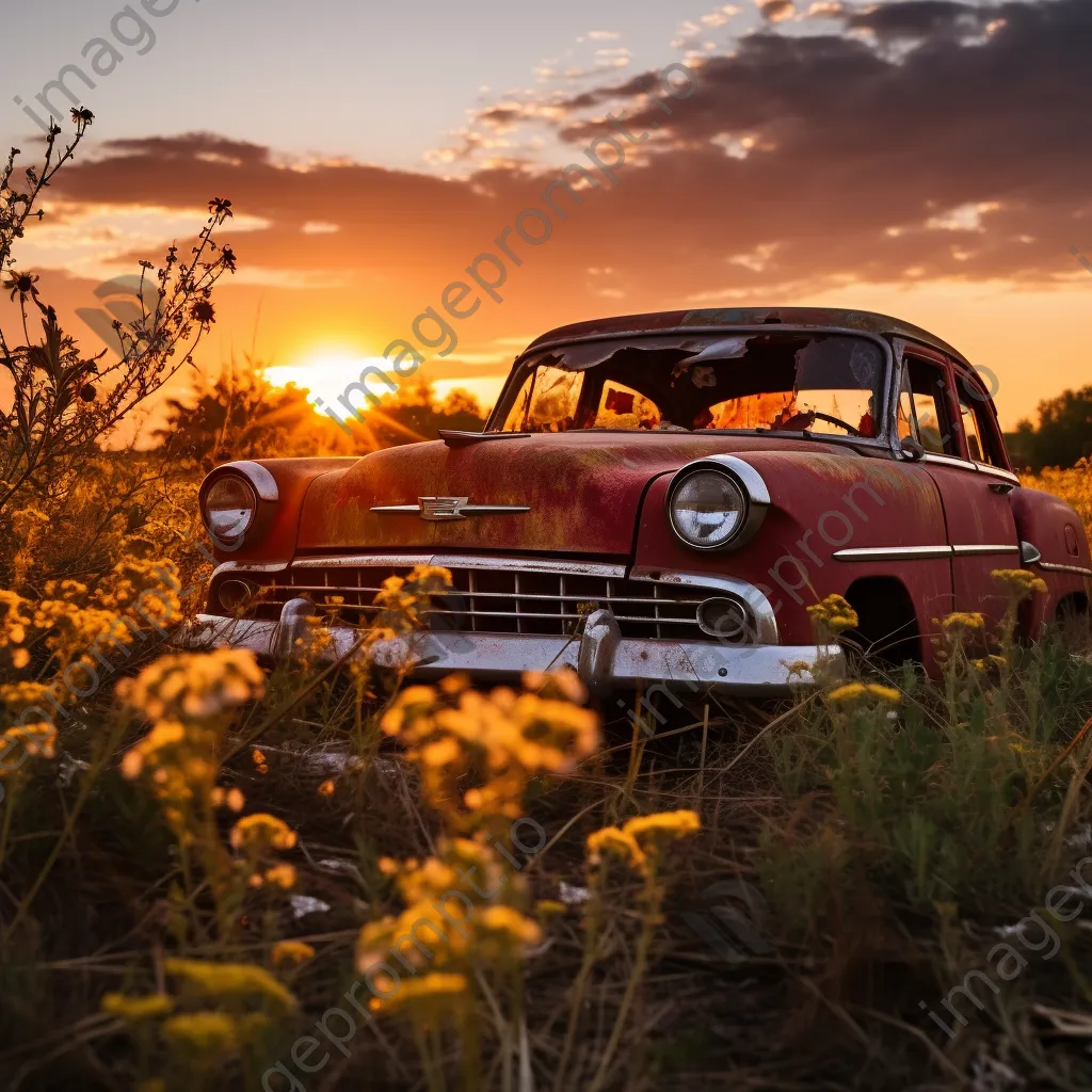 Rusty abandoned car surrounded by wildflowers and tall grass during sunset - Image 1