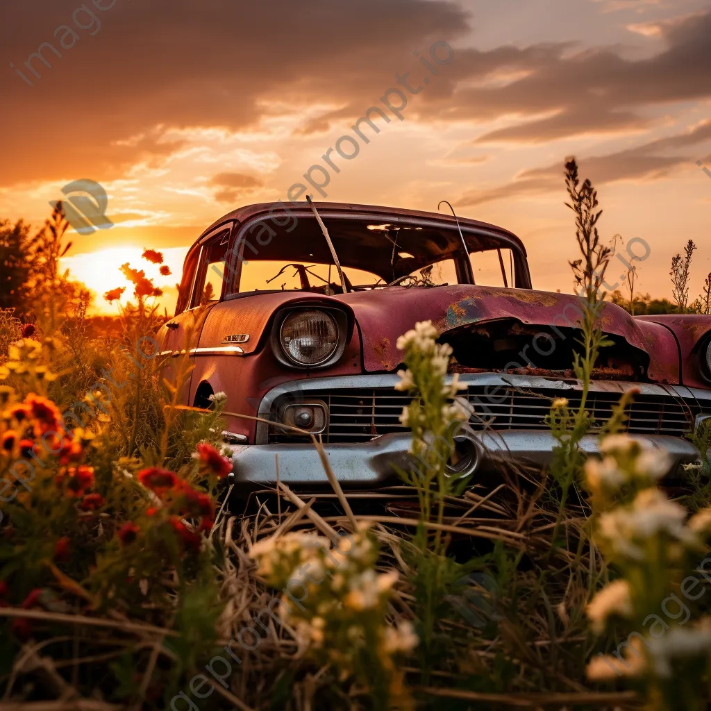 Rusty abandoned car surrounded by wildflowers and tall grass during sunset - Image 2