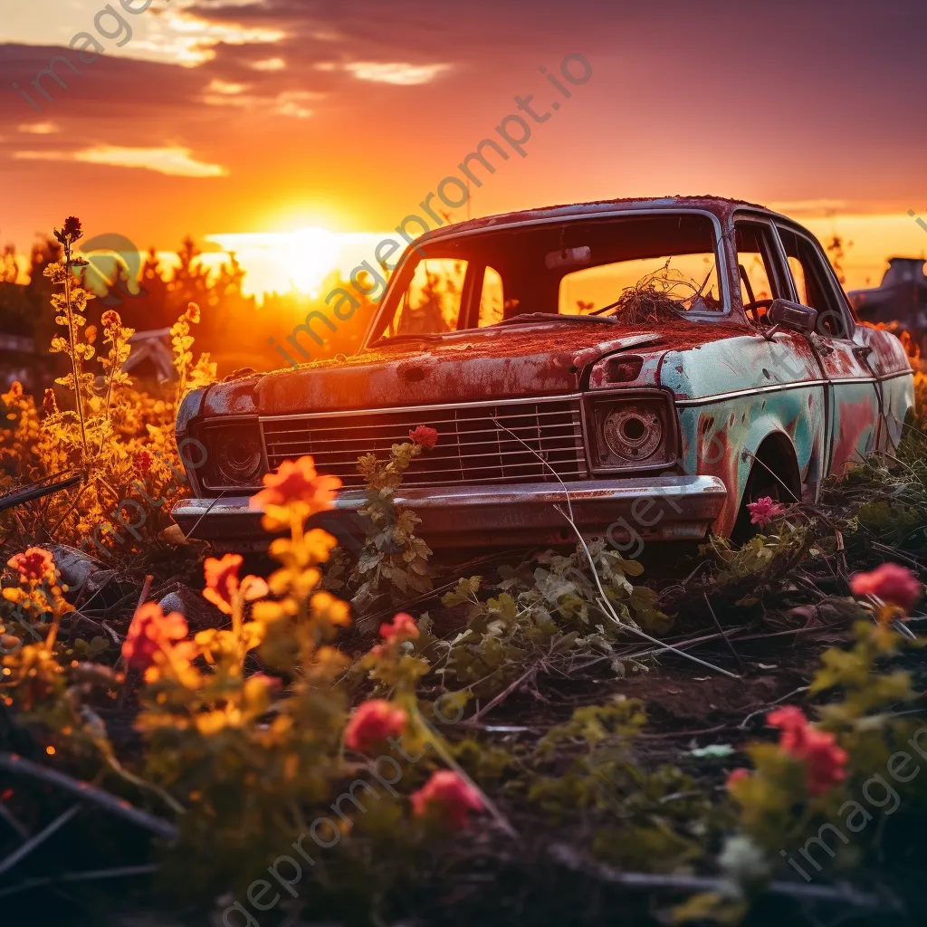 Rusty abandoned car surrounded by wildflowers and tall grass during sunset - Image 3