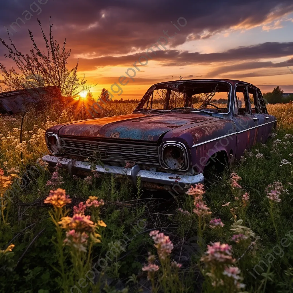 Rusty abandoned car surrounded by wildflowers and tall grass during sunset - Image 4