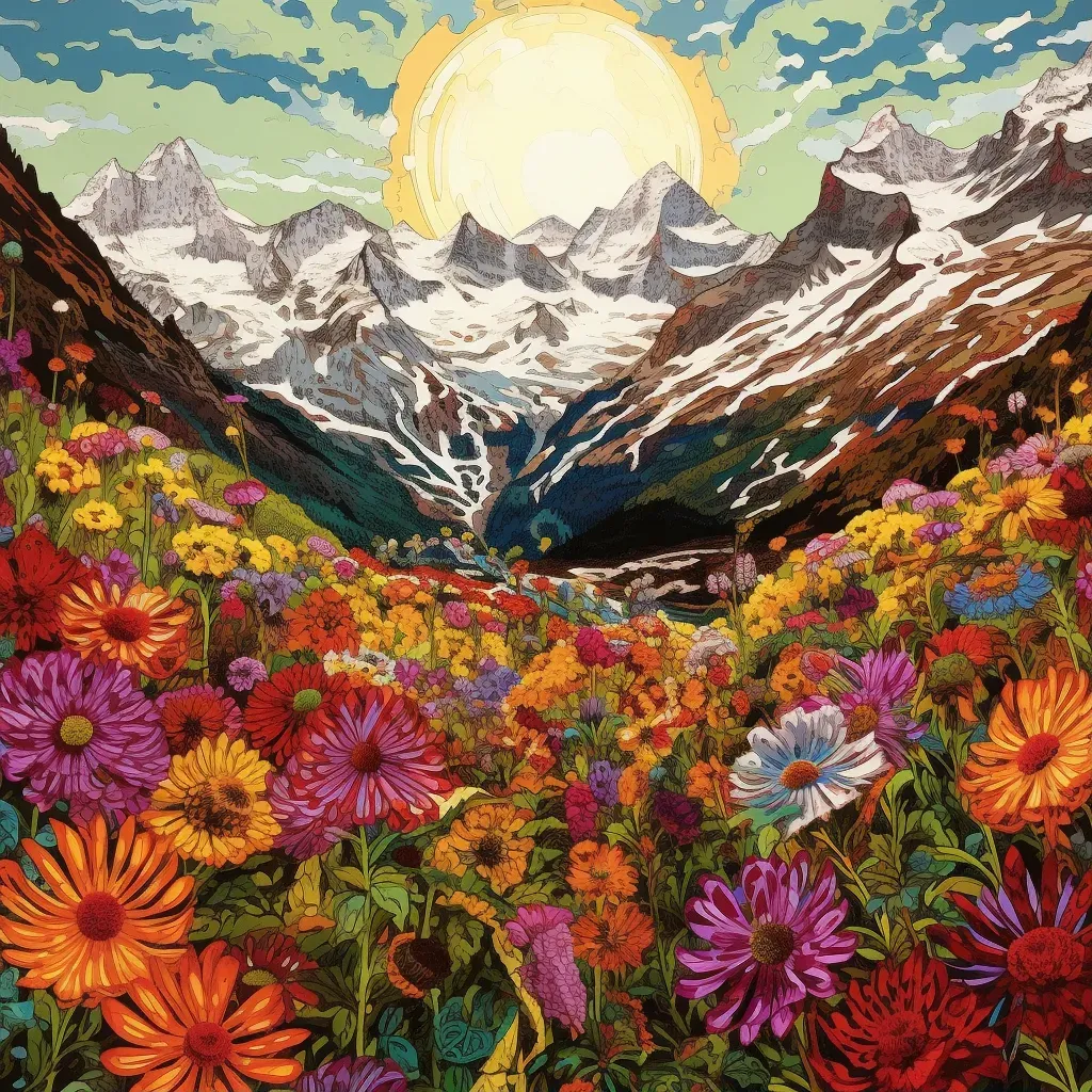 Alpine Landscape with Snow-Capped Peaks and Wildflowers