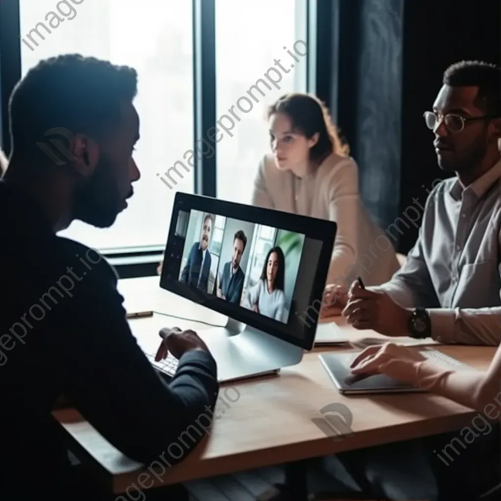 Virtual team meeting with diverse professionals communicating online through video conferencing - Image 1