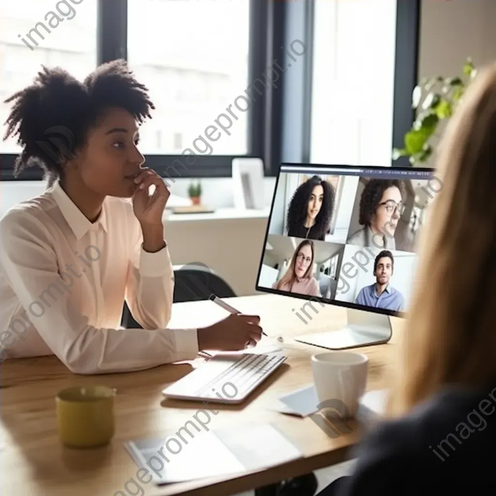 Virtual team meeting with diverse professionals communicating online through video conferencing - Image 4