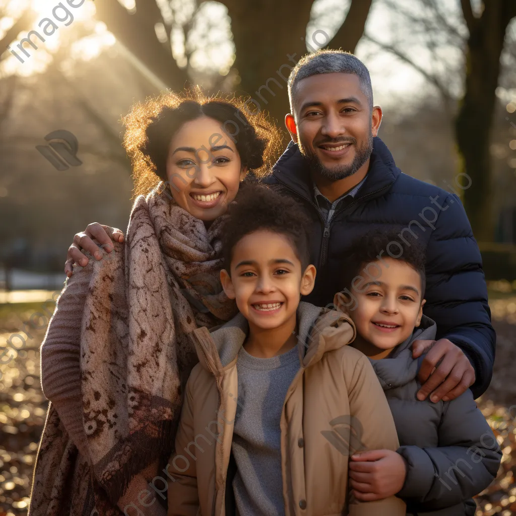 A loving multicultural family posing in a sunny park - Image 1