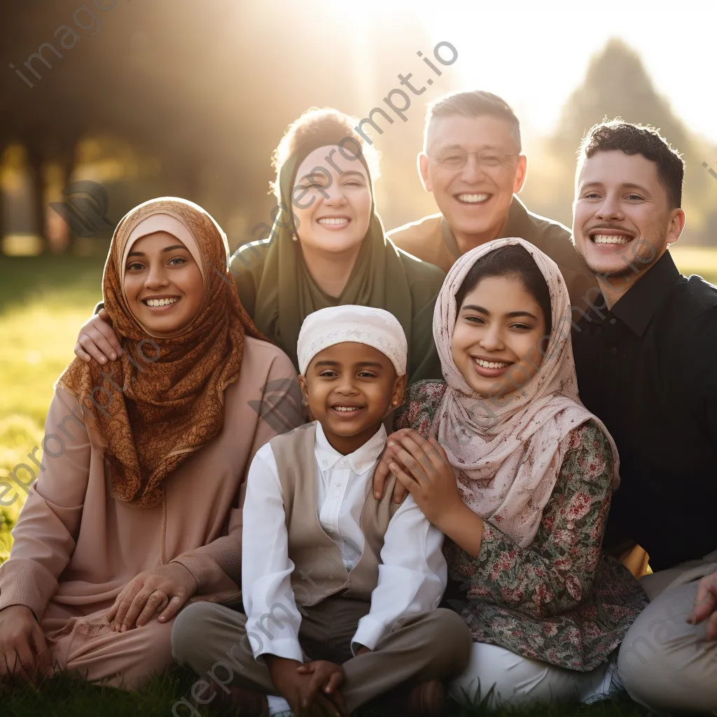 A loving multicultural family posing in a sunny park - Image 2