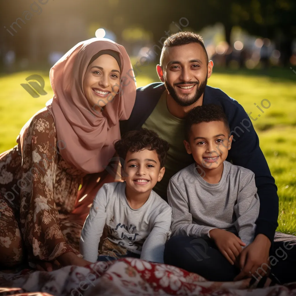 A loving multicultural family posing in a sunny park - Image 3