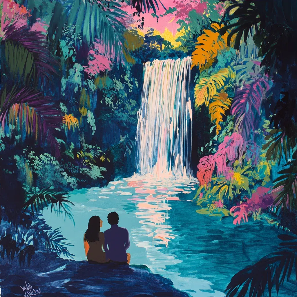 Gouache painting of lovers separated by a waterfall in a vibrant rainforest - Image 3