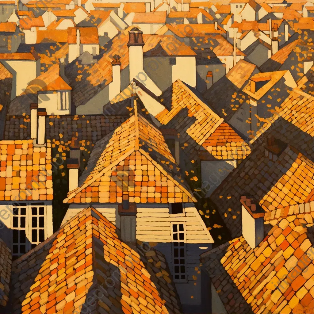 Pointillist painting presenting an overhead perspective of urban rooftops under morning sunlight casting long shadows - Image 1