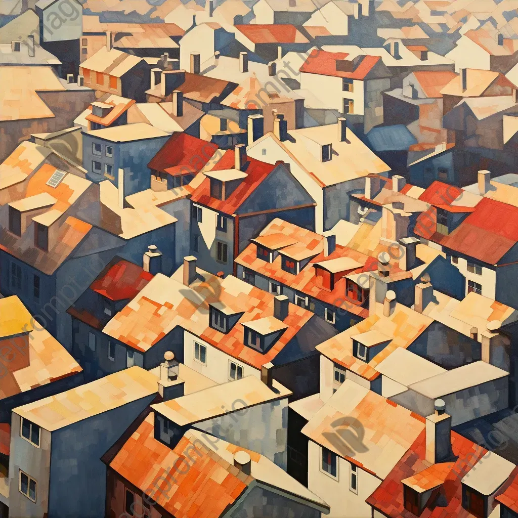 Pointillist painting presenting an overhead perspective of urban rooftops under morning sunlight casting long shadows - Image 4