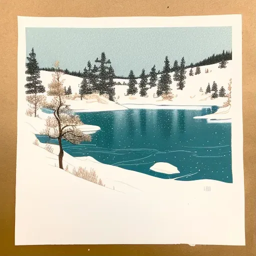 Tranquil lake with snow-covered pine trees under a winter sky - Image 1