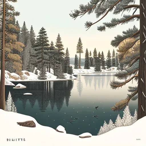 Tranquil lake with snow-covered pine trees under a winter sky - Image 2