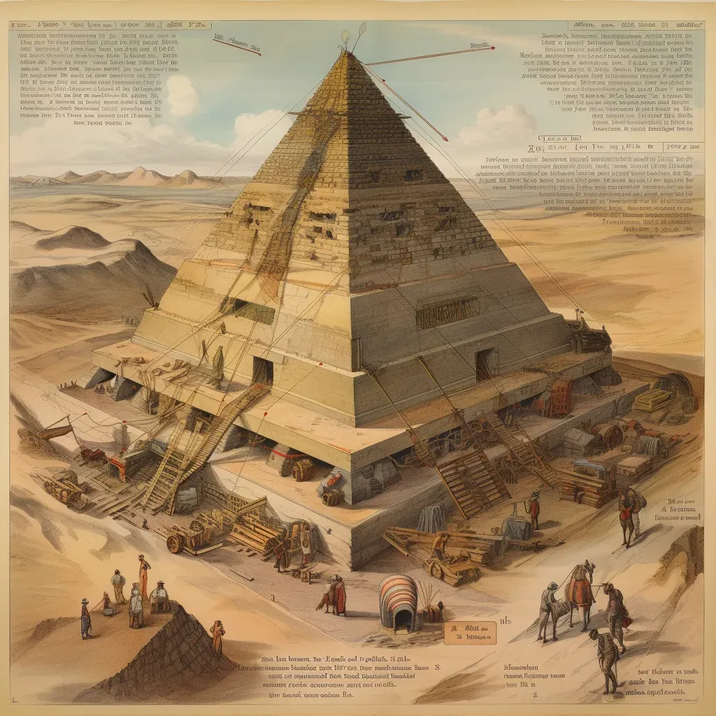 Scene showing construction of pyramids with engineering annotations - Image 1