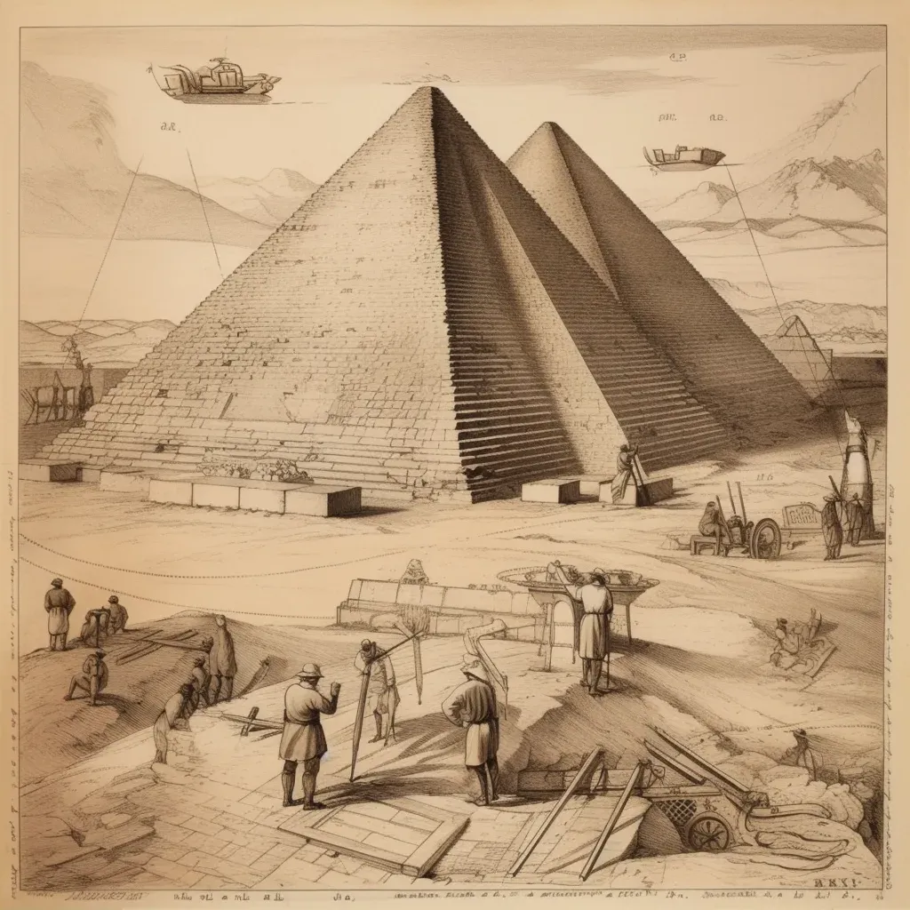 Scene showing construction of pyramids with engineering annotations - Image 2