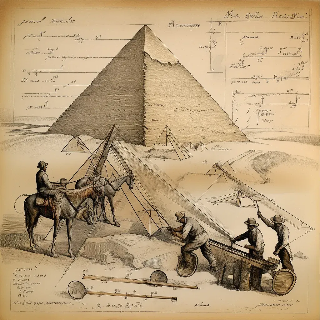 Scene showing construction of pyramids with engineering annotations - Image 3