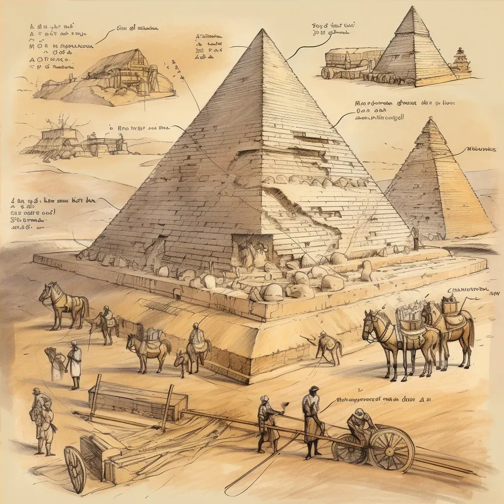 Scene showing construction of pyramids with engineering annotations - Image 4