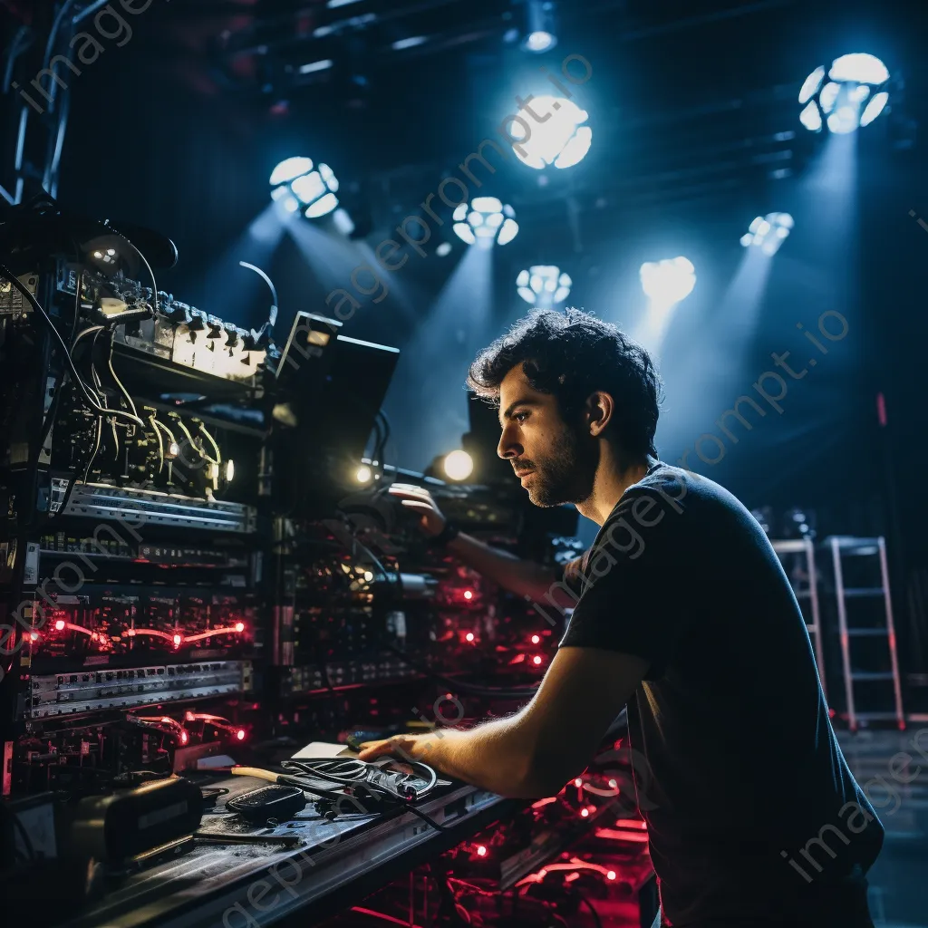 Stage hand preparing lighting with technical equipment before a show. - Image 1