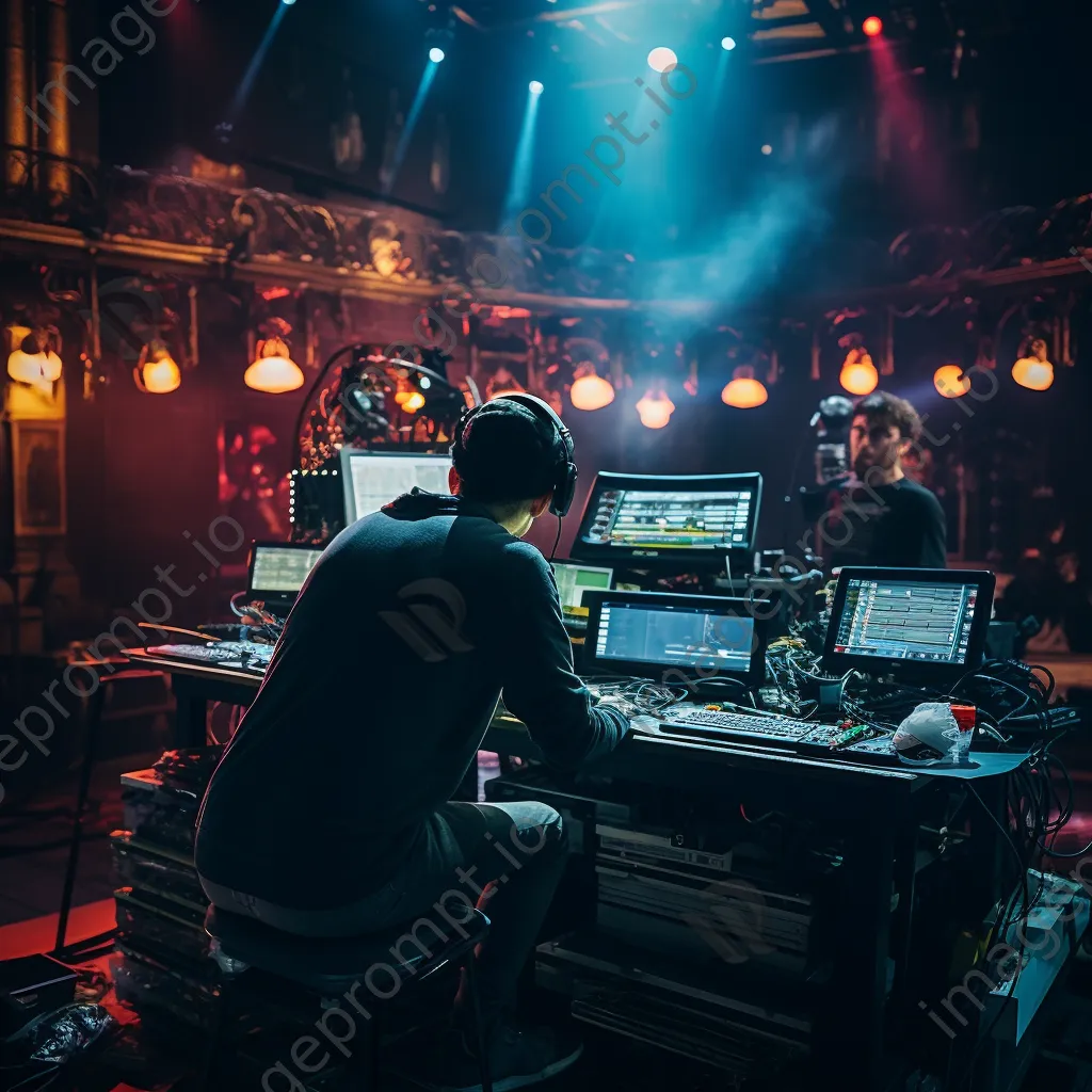 Stage hand preparing lighting with technical equipment before a show. - Image 4