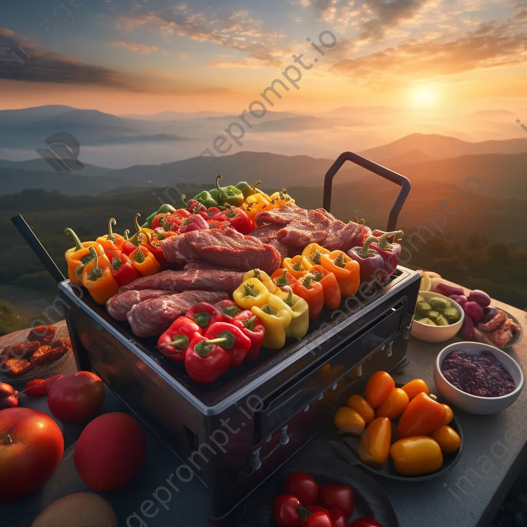 Grill loaded with bell peppers and meats against a sunset sky - Image 1