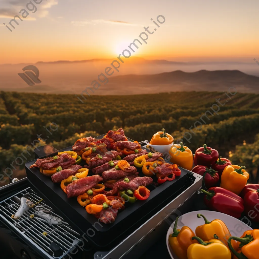 Grill loaded with bell peppers and meats against a sunset sky - Image 2