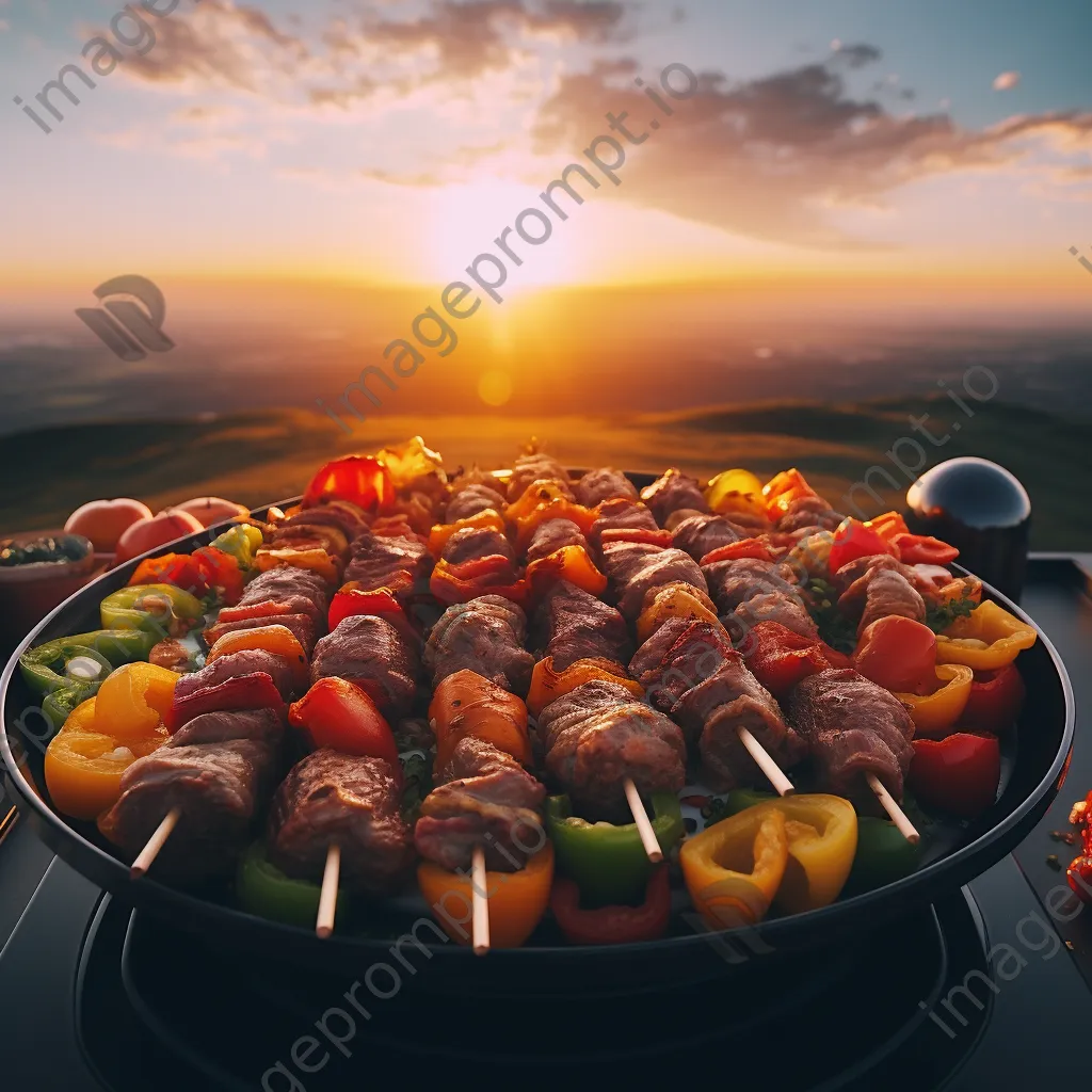 Grill loaded with bell peppers and meats against a sunset sky - Image 3