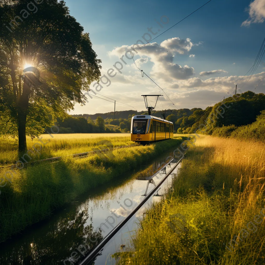 Tram navigating through tranquil countryside landscape at golden hour. - Image 2