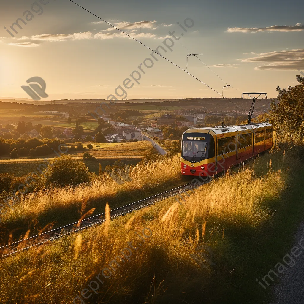 Tram navigating through tranquil countryside landscape at golden hour. - Image 3