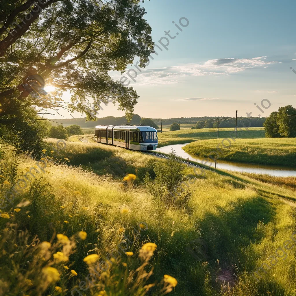 Tram navigating through tranquil countryside landscape at golden hour. - Image 4