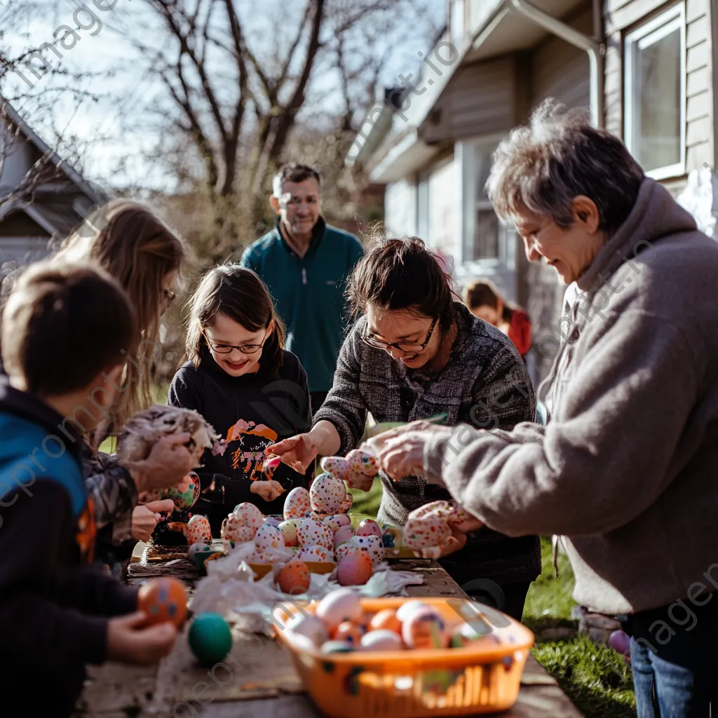 Neighbors participating in an Easter egg decorating event - Image 2