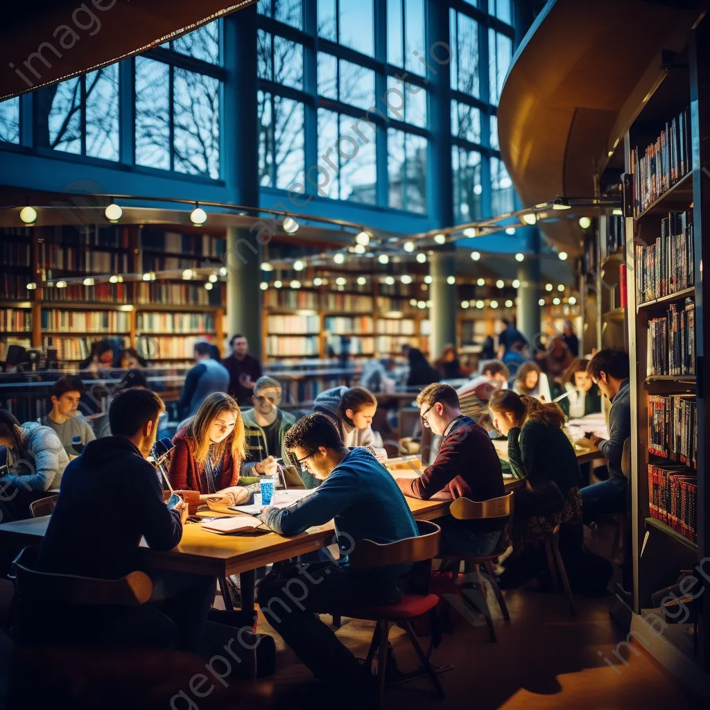 Students studying and collaborating in an active academic library. - Image 1