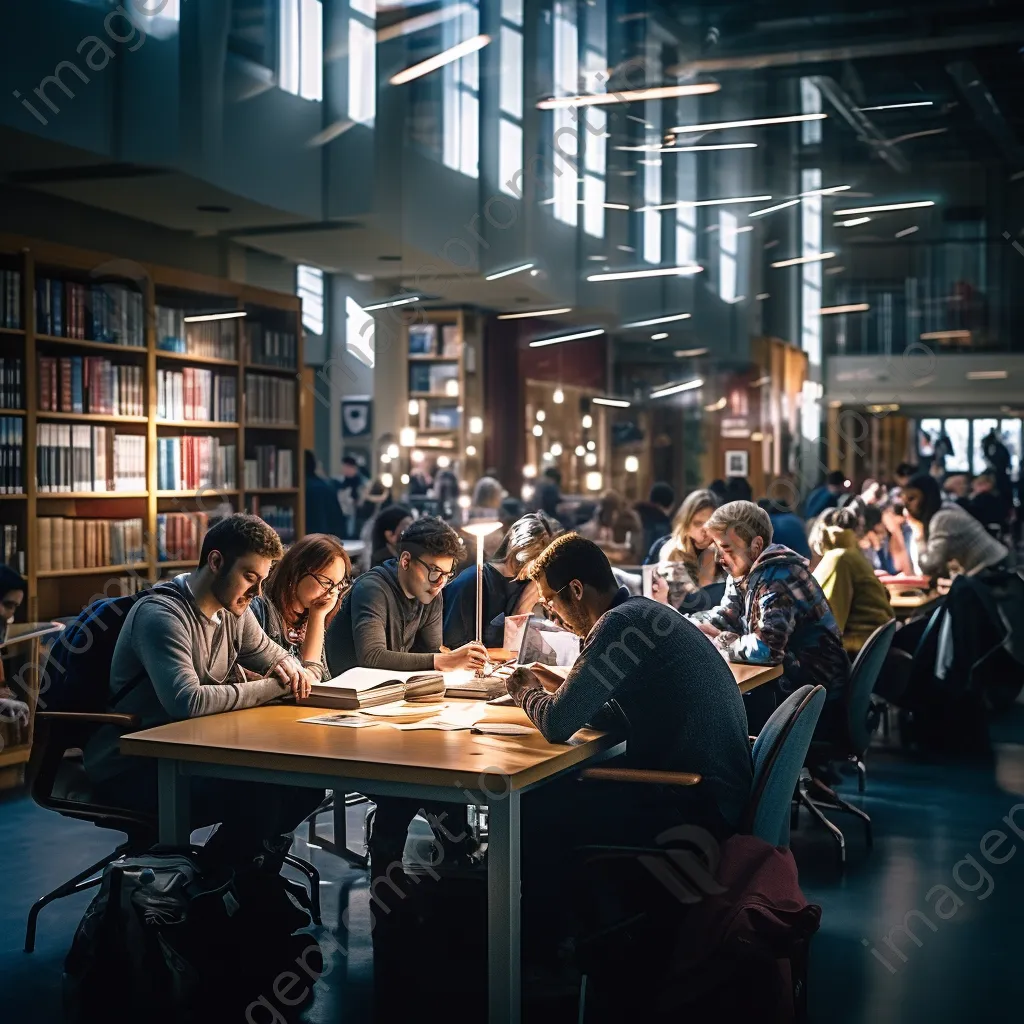 Students studying and collaborating in an active academic library. - Image 2