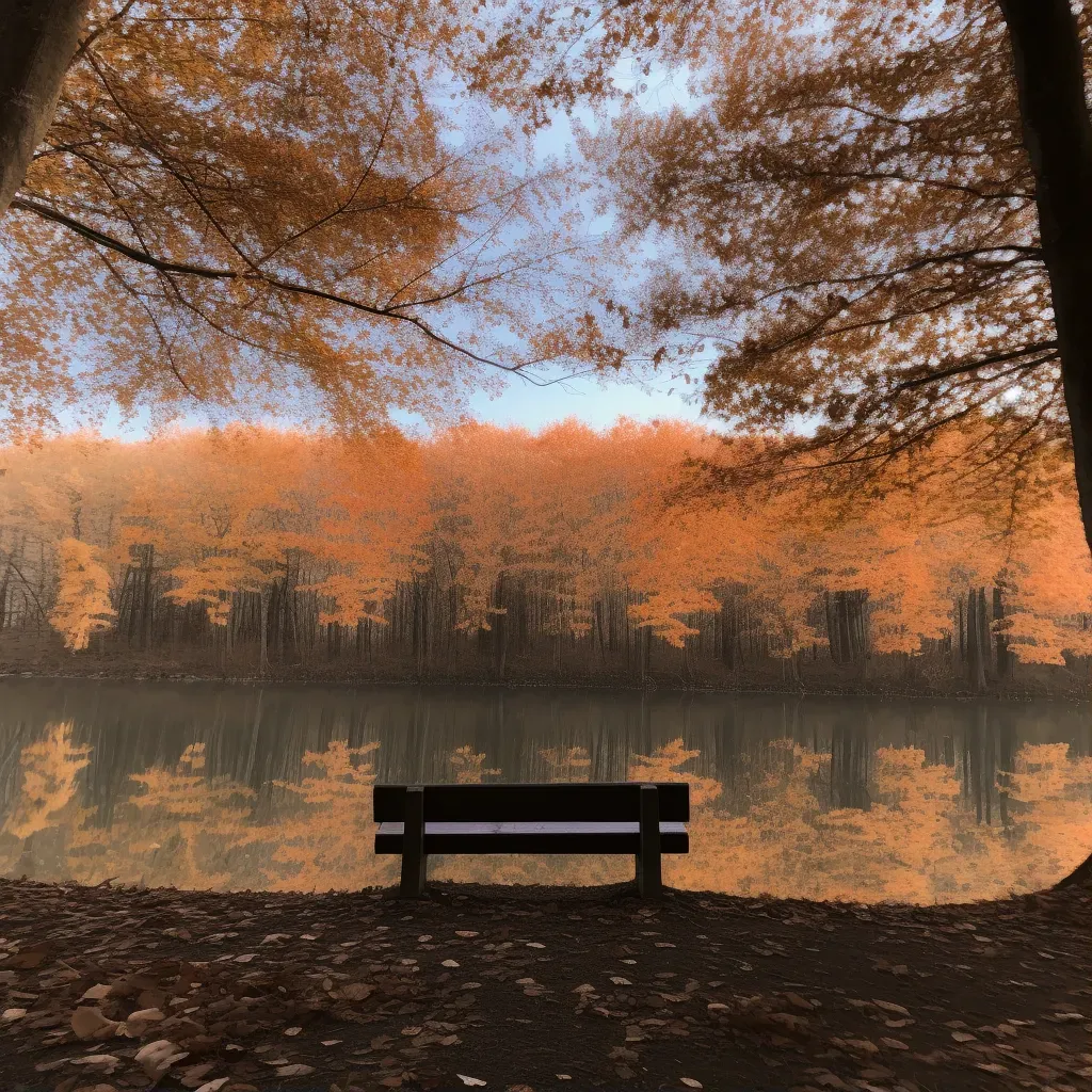 Empty park bench by serene pond covered in autumn leaves - Image 1