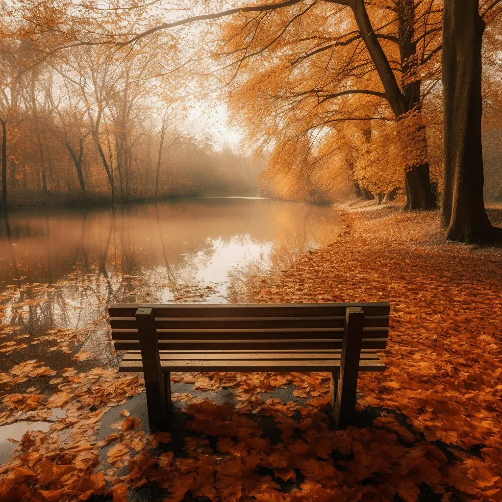 Empty park bench by serene pond covered in autumn leaves - Image 2