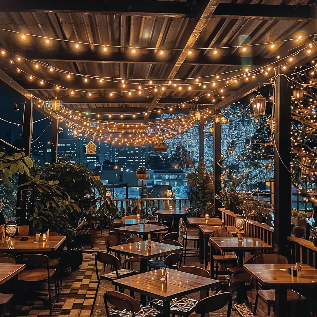 Elegant cafe terrace with string lights and city views at night - Image 3