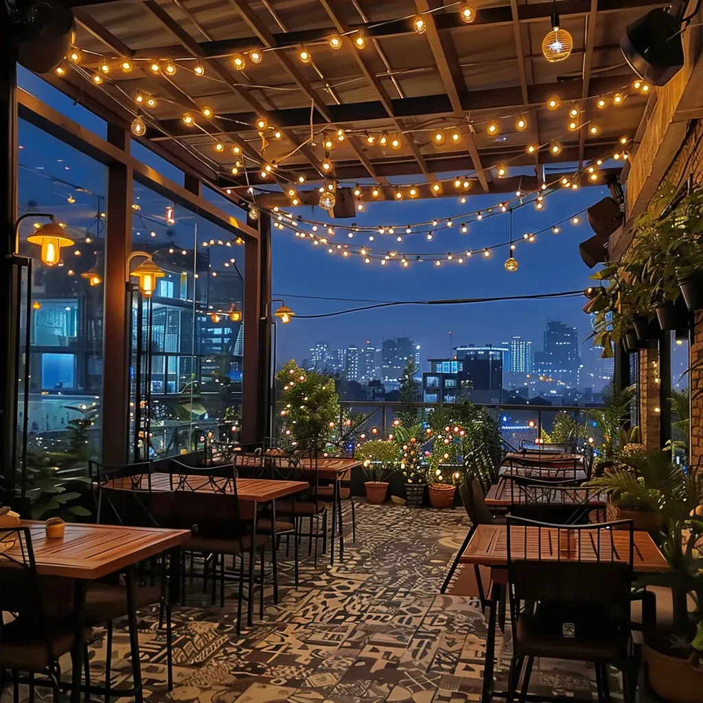 Elegant cafe terrace with string lights and city views at night - Image 4